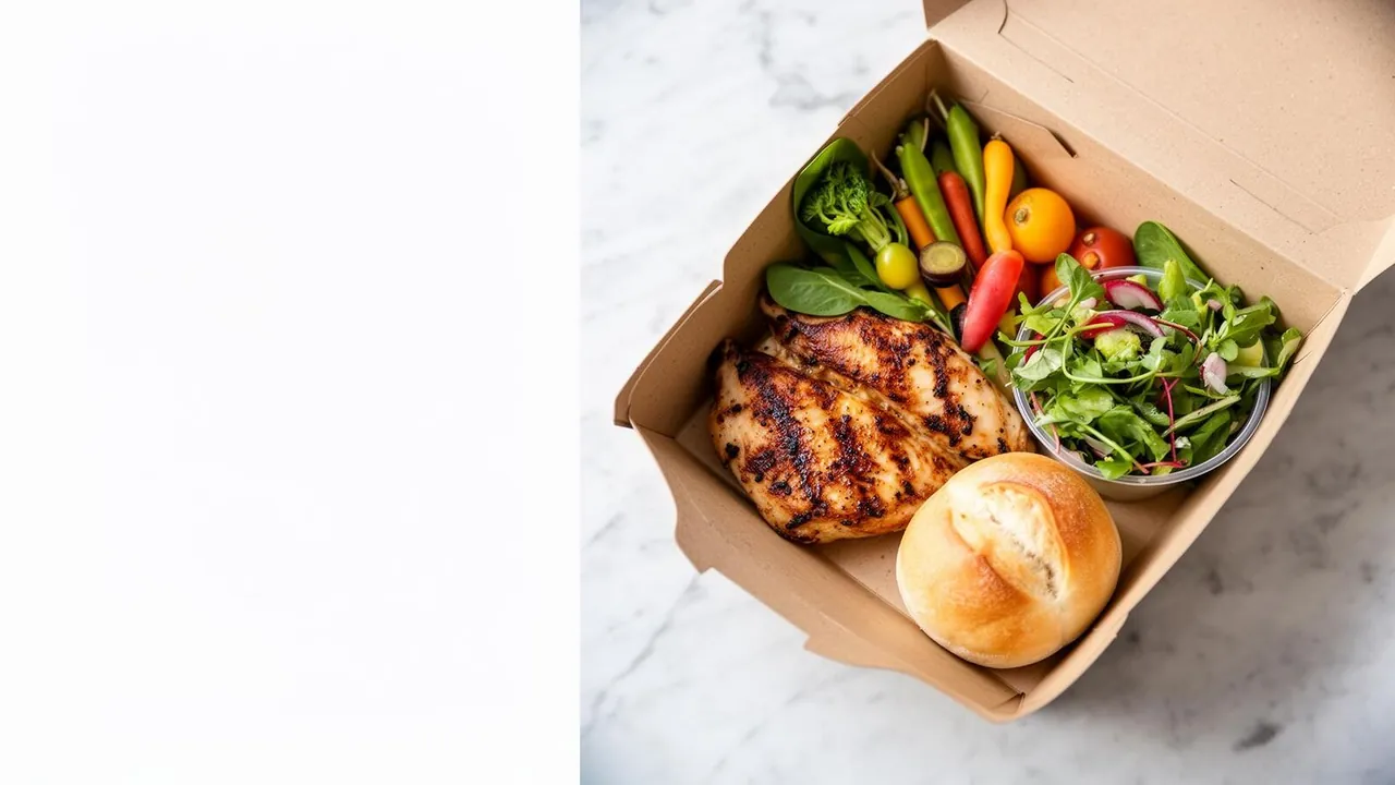 Boxed catering meal with herb-roasted chicken, seasonal vegetables and a side salad packed for San Ramon catering deliveries