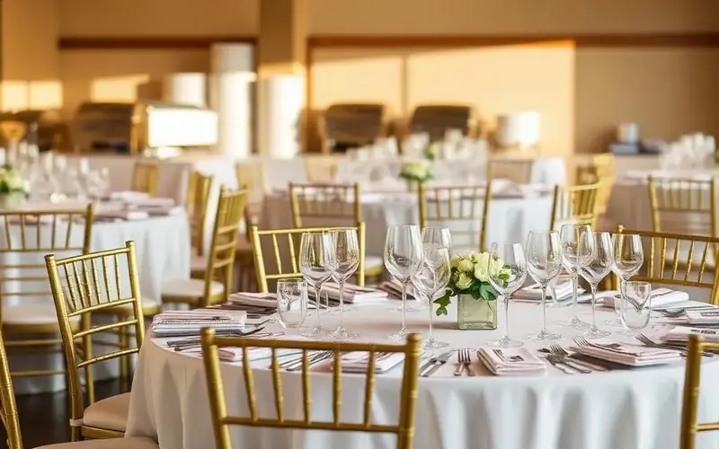 Pleasanton event rentals arranged for an elegant banquet with coordinated place settings, gold chairs, and softly lit tables.