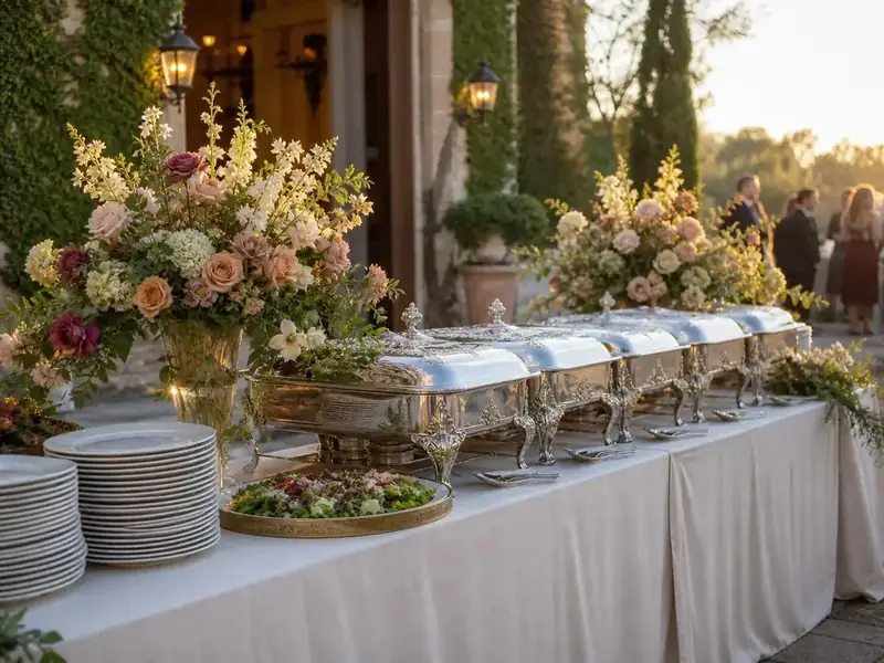 Pleasanton event tablescape featuring polished buffetware, blush roses, hydrangeas, greenery, and elegant white linens.
