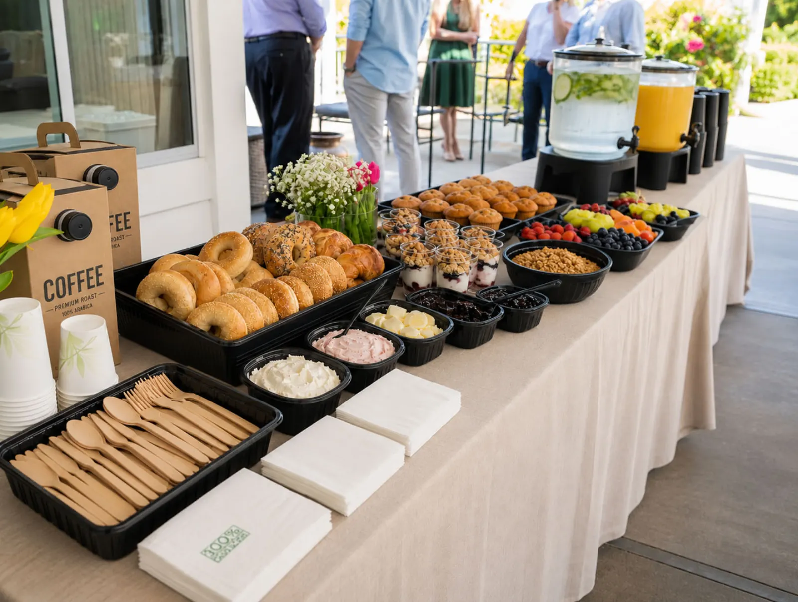 Drop-off continental breakfast display with bagels, muffins, yogurt parfaits with granola, fresh fruit and berries, coffee, iced water, and orange juice on a linen-draped outdoor buffet by Pleasanton Catering Company