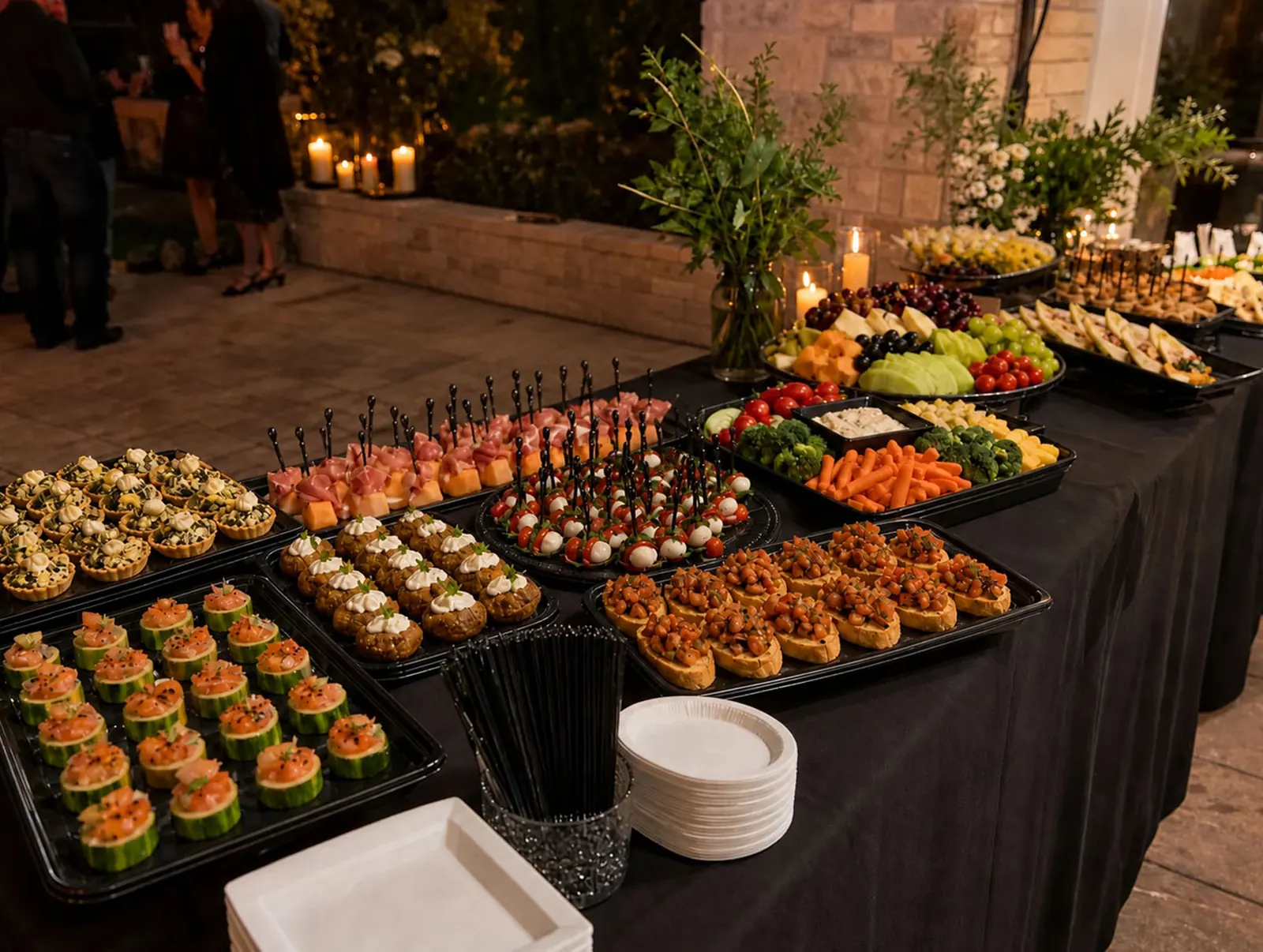 Appetizer station with skewers, crudite, bruschetta and cheeses set for a Pleasanton cocktail hour