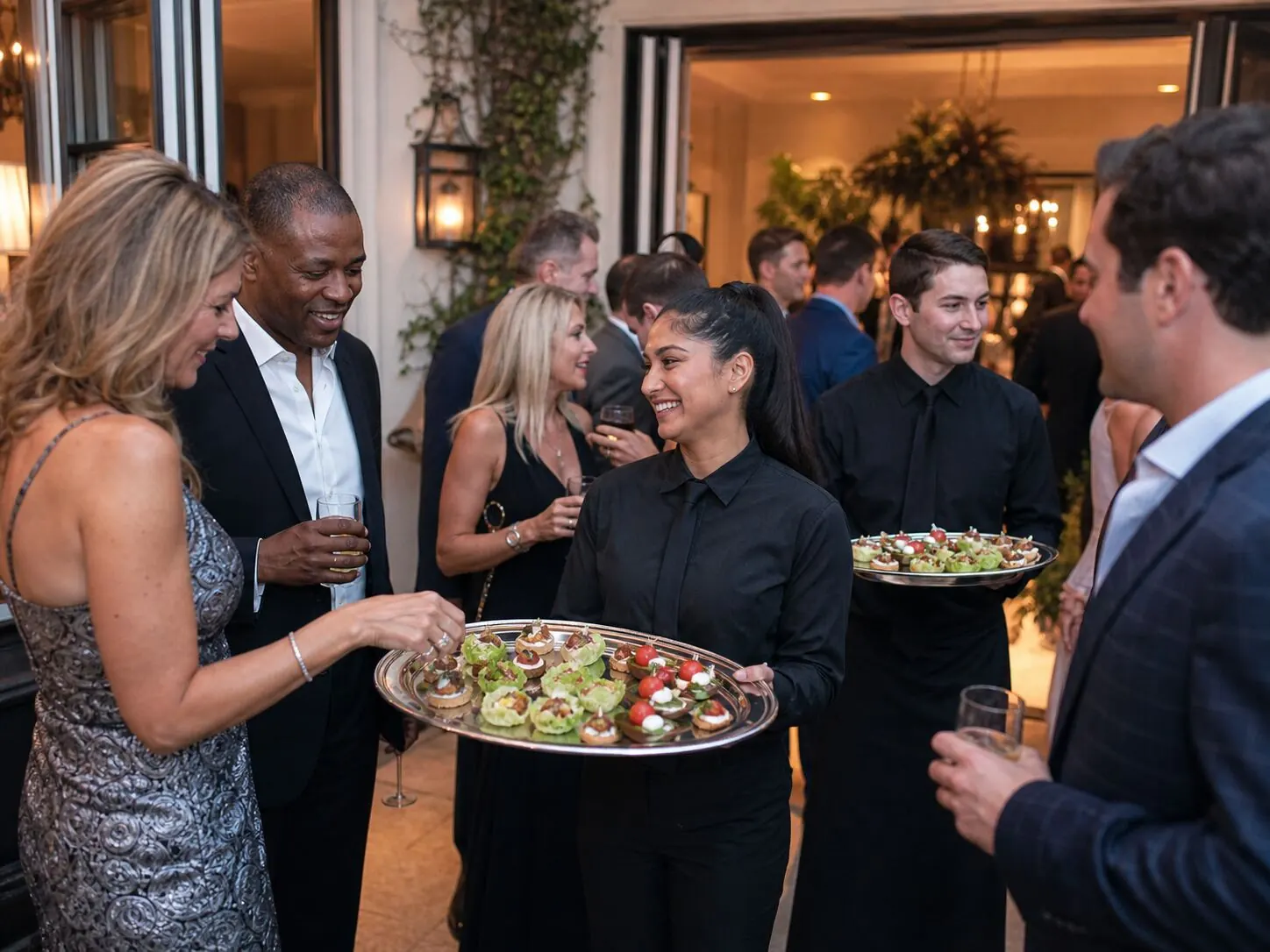 Server presenting a tray of passed appetizers during cocktail hour at a Tri-Valley wedding reception