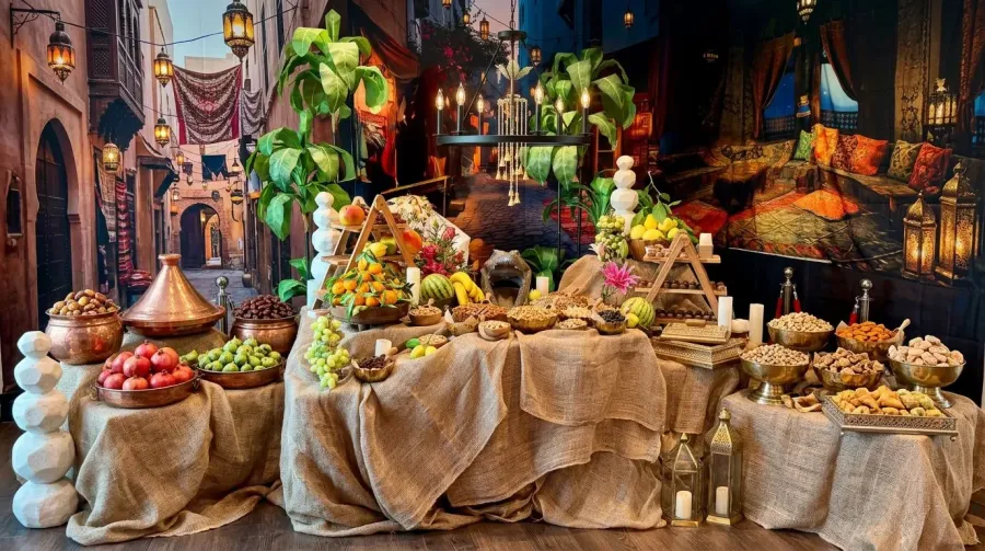 Jewel-toned grazing display of dried fruit, nuts and honeyed sweets dressed with dramatic blooms and greenery — themed floral styling from Sunol catering