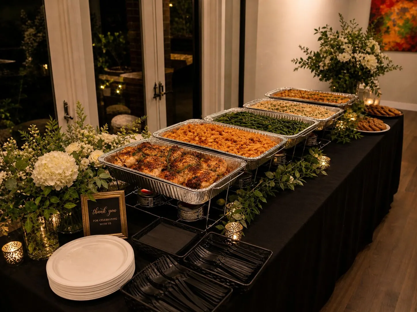 Delivered family-style dinner along a candle-lined table with slim bud vases threaded between the platters — floral touches for Livermore catering drop-offs