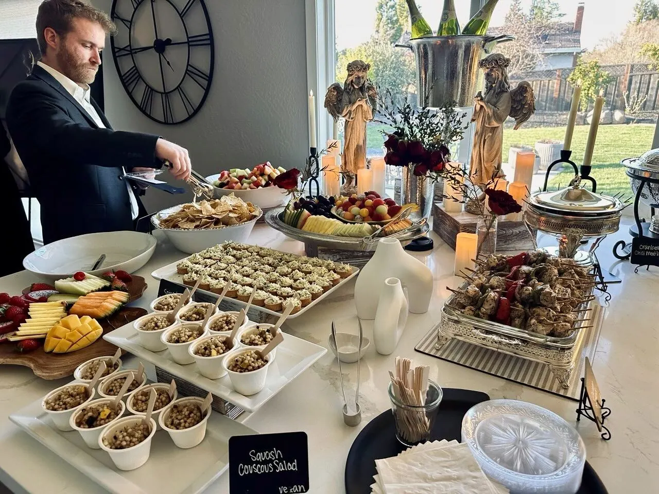 Styled event buffet with seasonal salads, sides and carved entrees at a Pleasanton event catered by Pleasanton Catering Company