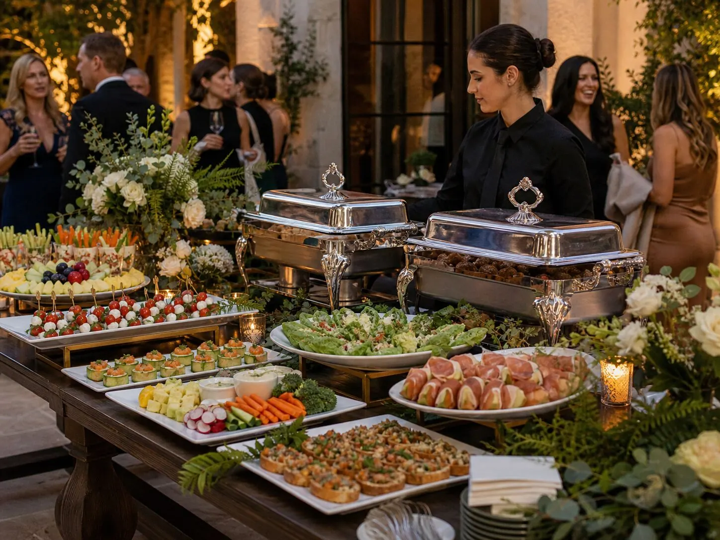 Attended garden appetizer station where warm chafers and skewer platters sit beside potted greenery and blossom accents — floral-styled starter service from San Ramon catering