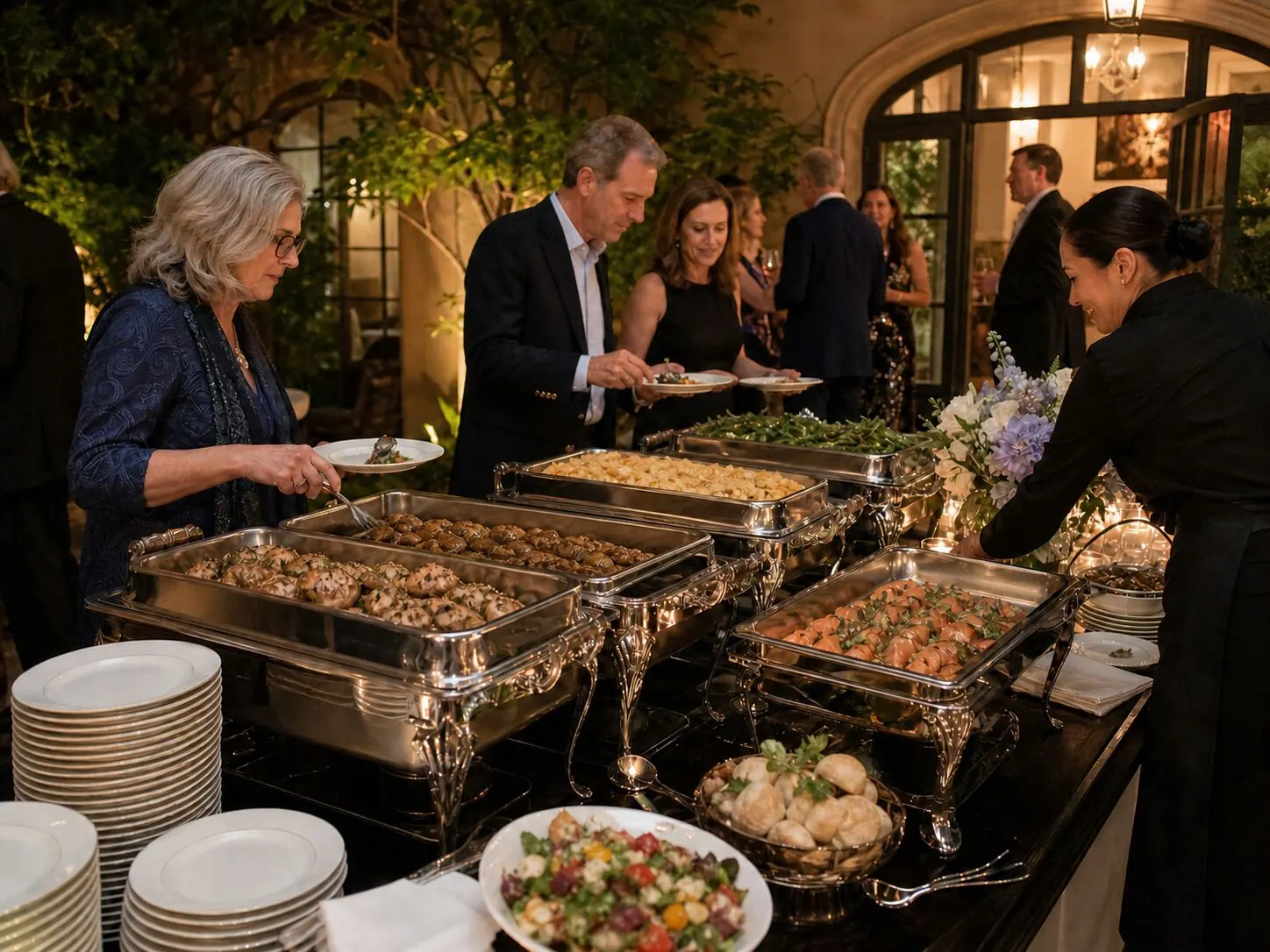 Twilight courtyard dinner line with attendants tending polished silver chafers as candlelit tables wait behind — staffed dinner service from Danville catering