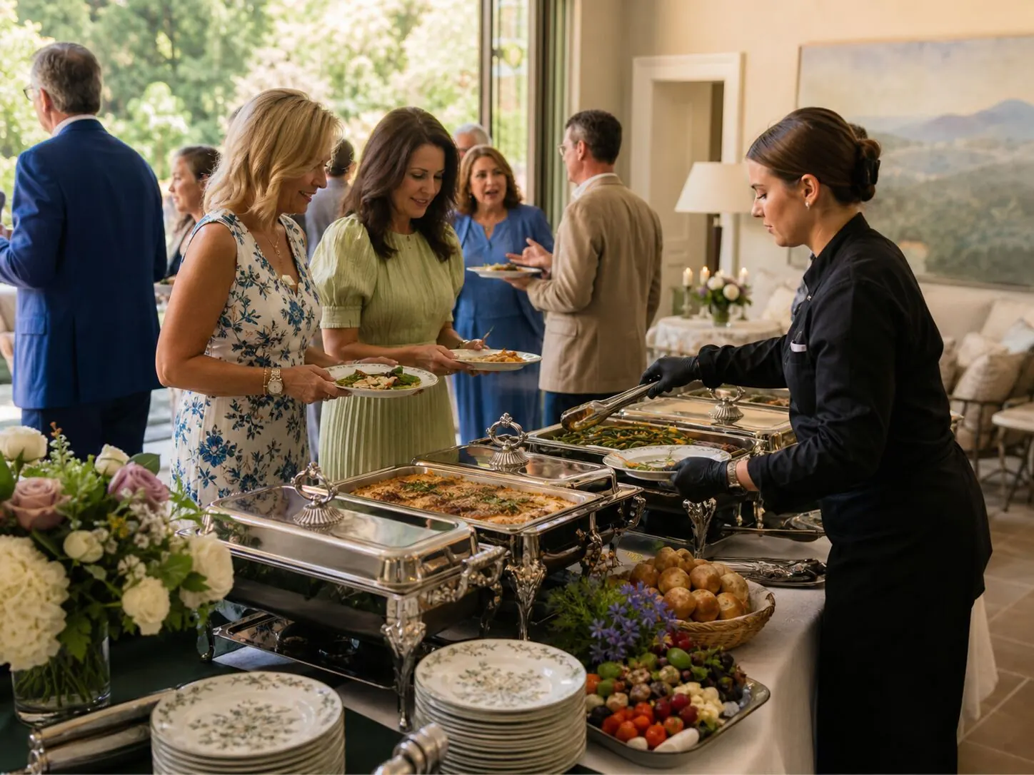 Server portioning entrées from silver chafers for a guest line inside a sun-filled estate room at midday — staffed luncheon service from San Ramon catering