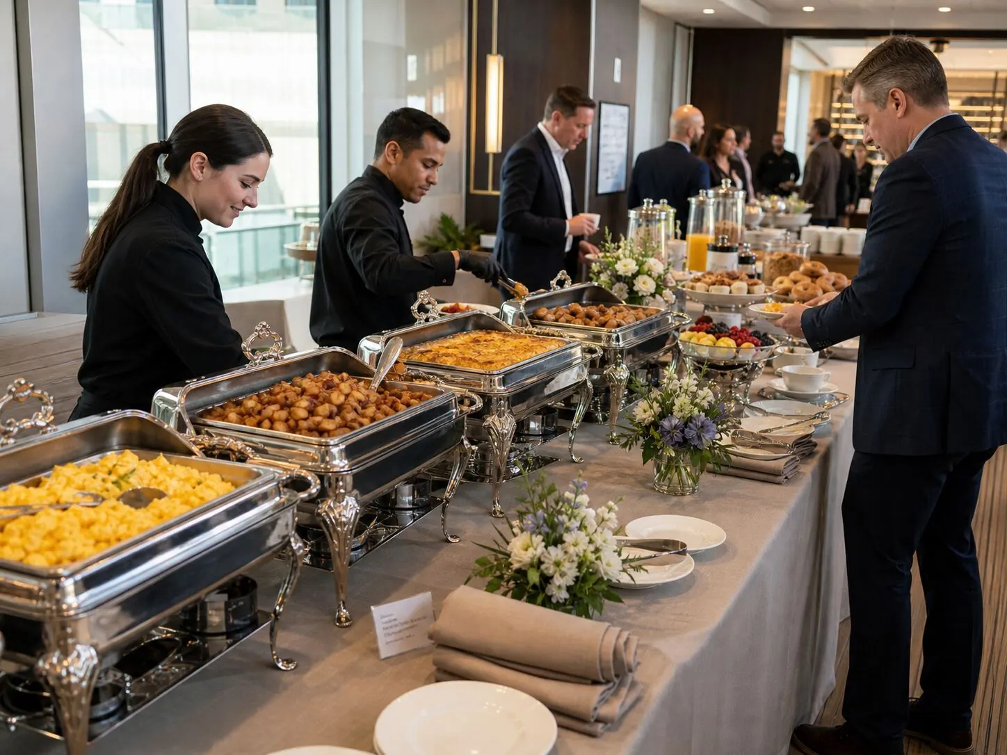 Staffed corporate lunch service with hot entrees and fresh sides for a Hacienda Business Park team in Pleasanton