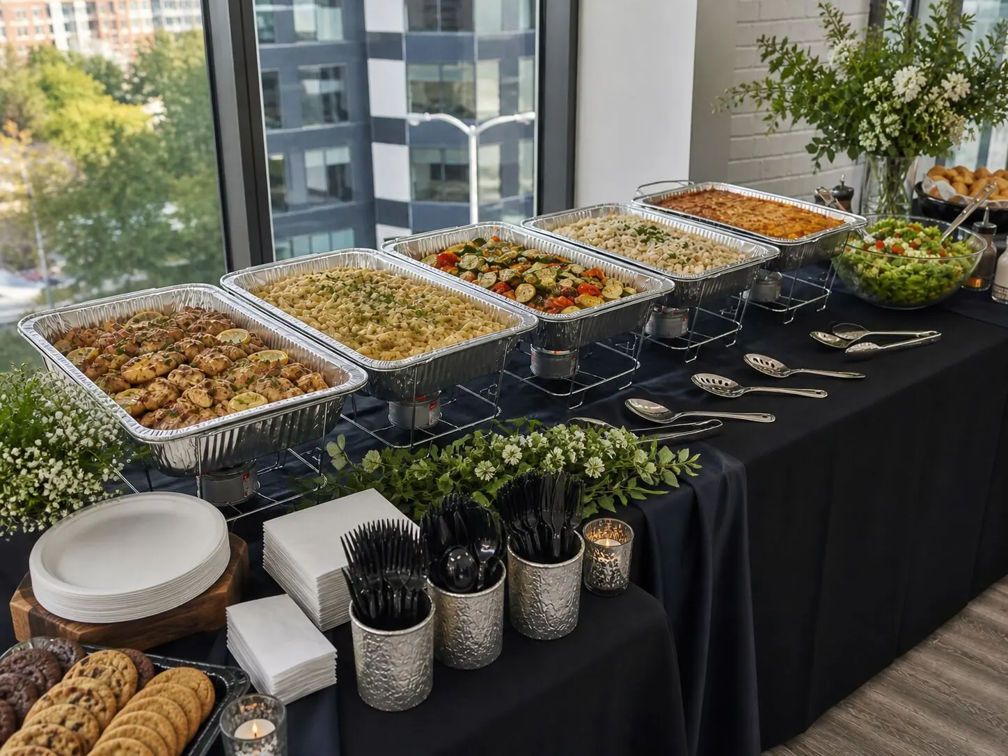 Hot midday buffet held in chafers with baked pasta, roasted seasonal vegetables, herbed potatoes, tossed greens and a dessert tray — Dublin catering lunch delivery for office conference rooms
