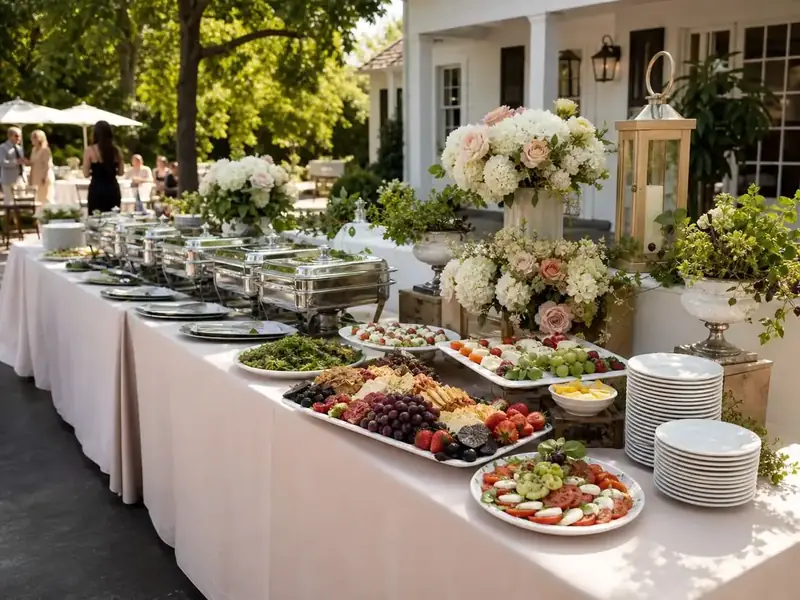 Pleasanton wedding reception spread featuring fresh fruit, artisan appetizers, floral centerpieces, and a full hot buffet.